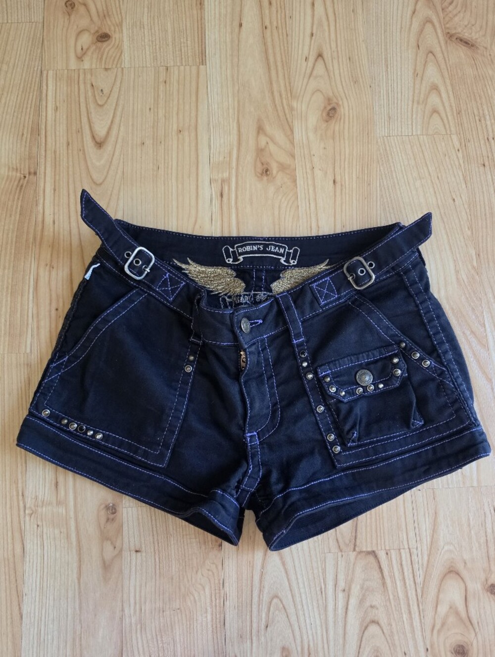 Robin's Jean Y2K Shorts with Purple Stitching and Rhinestones